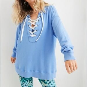 Aerie Oversized Crew Neck Sweatshirt Lace Up Light Blue Long Sleeve Distressed S